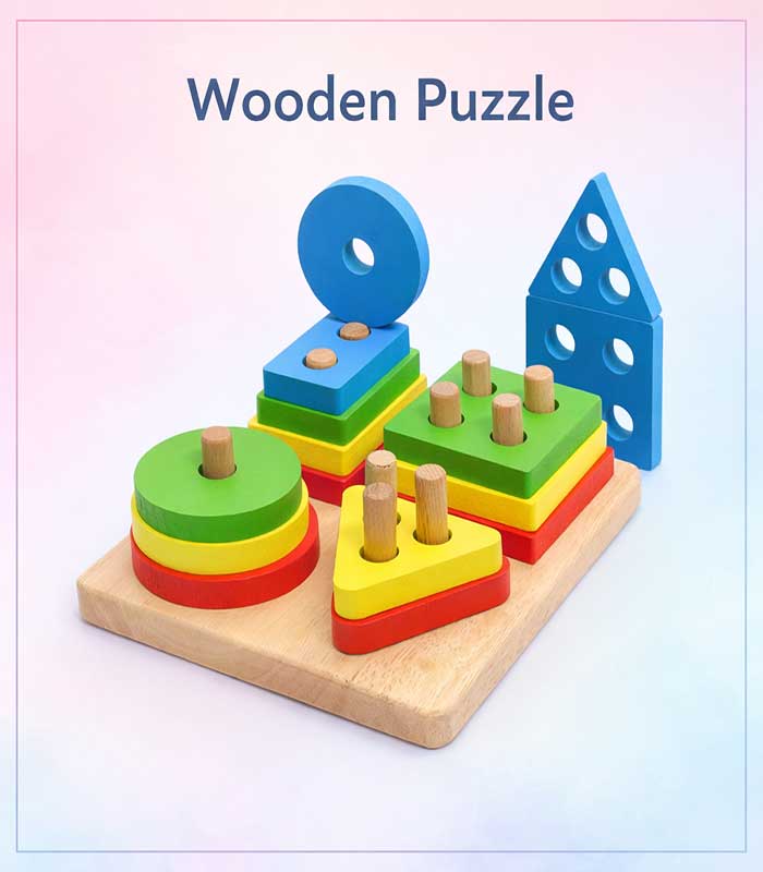 COVER-IMAGE Montessori-Inspired 4-Column Wooden Shape Sorter & Color Stacking Puzzle – 16-Piece Educational Geometric Learning Set for Toddlers - FS097 - Image 1