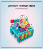 Transparent Gear Tank Toy for Kids – 360° Rotating Turret with Dynamic LED Lights, Mechanical Motion & Musical Sound Effects