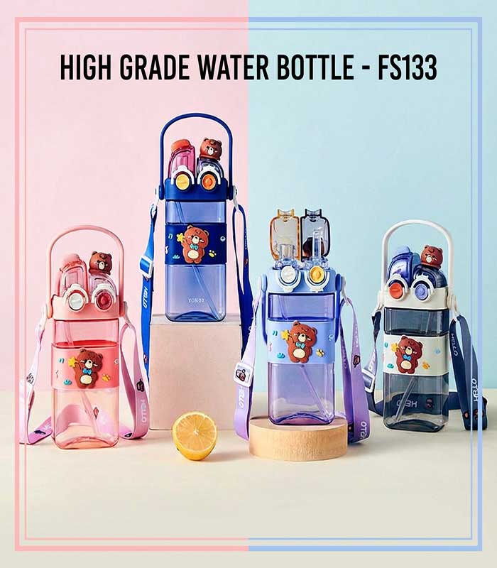 COVER-IMAGE "Double-Sip" Cute Bear Square Water Bottle with Dual Straws & Carry Strap - FS133 - Image 1