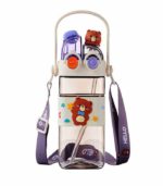 "Double-Sip" Cute Bear Square Water Bottle with Dual Straws & Carry Strap - FS133 - Image 4