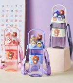 "Double-Sip" Cute Bear Square Water Bottle with Dual Straws & Carry Strap - FS133 - Image 7